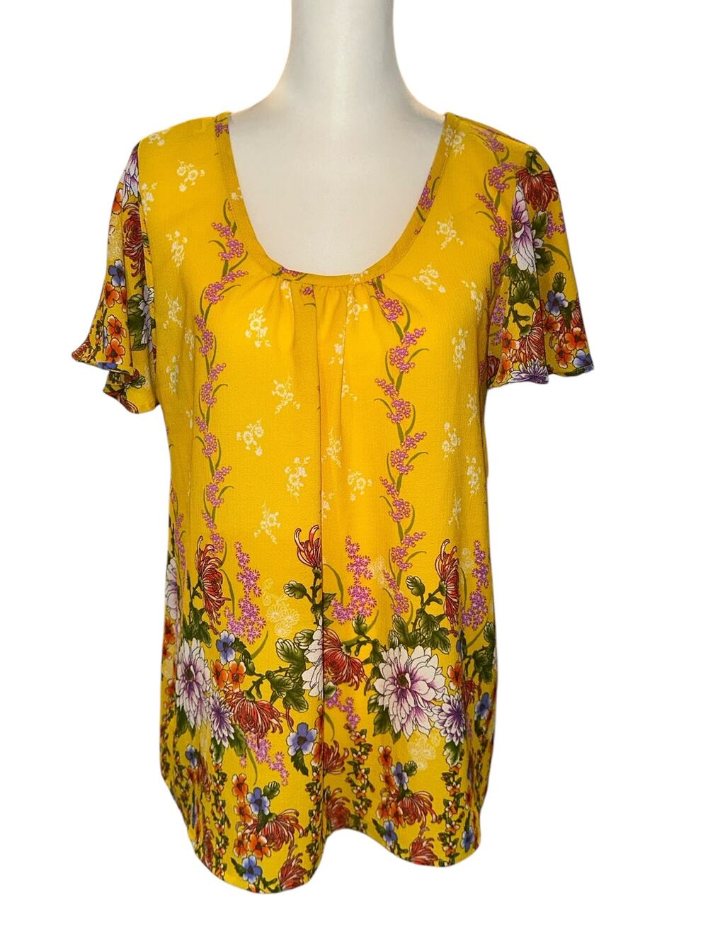 Star Vixen Women's Short Sleeve Top Large Yellow Pink Purple Floral